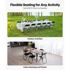 VEVOR 4 Pack Folding Chairs, Foldable Leather Chairs with Heavy Duty Metal Frame & Padded Cushion, Portable Folding Card Table Chairs, Stackable Seats for Home, Yard, Garden, Parties, Events, Black