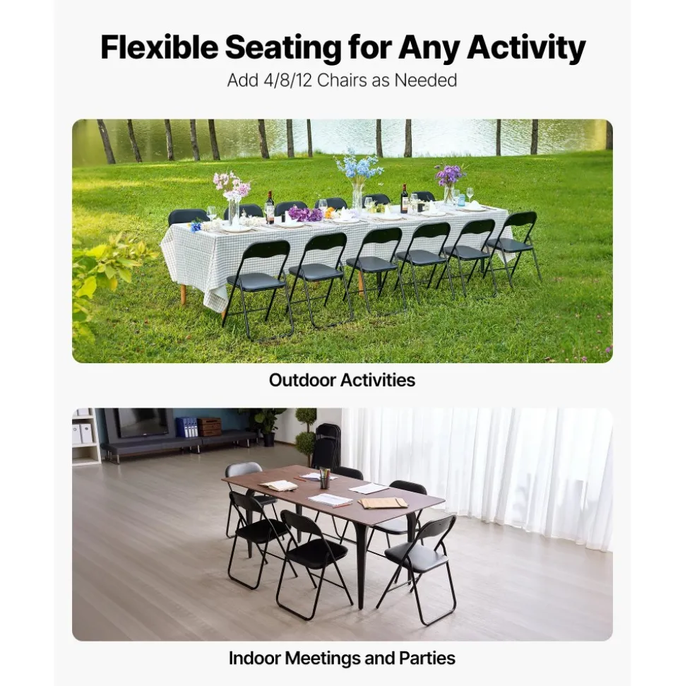 VEVOR 4 Pack Folding Chairs, Foldable Leather Chairs with Heavy Duty Metal Frame & Padded Cushion, Portable Folding Card Table Chairs, Stackable Seats for Home, Yard, Garden, Parties, Events, Black