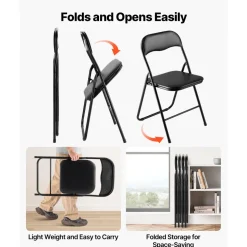 VEVOR 4 Pack Folding Chairs, Foldable Leather Chairs with Heavy Duty Metal Frame & Padded Cushion, Portable Folding Card Table Chairs, Stackable Seats for Home, Yard, Garden, Parties, Events, Black