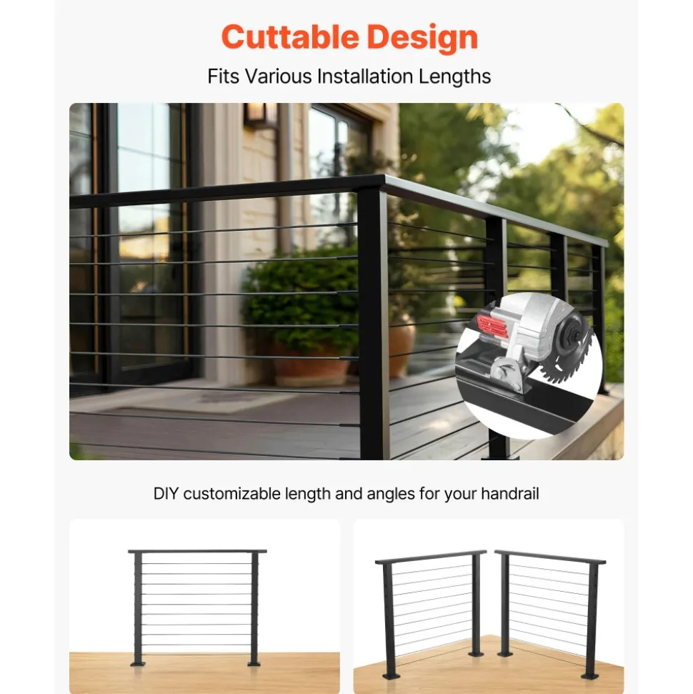 VEVOR 4 Pack 6.5 ft Stainless Steel Handrail, Rectangular Top Stair Deck Hand Rail for Outdoor/Indoor Steps with End Cap,Matte Black Coating Adjustable Metal Stair Rail for Cable Railing Kit