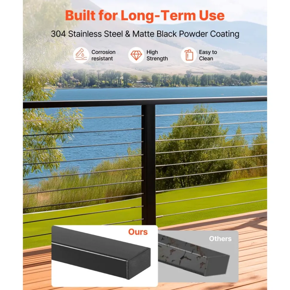 VEVOR 4 Pack 6.5 ft Stainless Steel Handrail, Rectangular Top Stair Deck Hand Rail for Outdoor/Indoor Steps with End Cap,Matte Black Coating Adjustable Metal Stair Rail for Cable Railing Kit