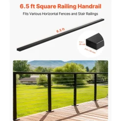VEVOR 4 Pack 6.5 ft Stainless Steel Handrail, Rectangular Top Stair Deck Hand Rail for Outdoor/Indoor Steps with End Cap,Matte Black Coating Adjustable Metal Stair Rail for Cable Railing Kit