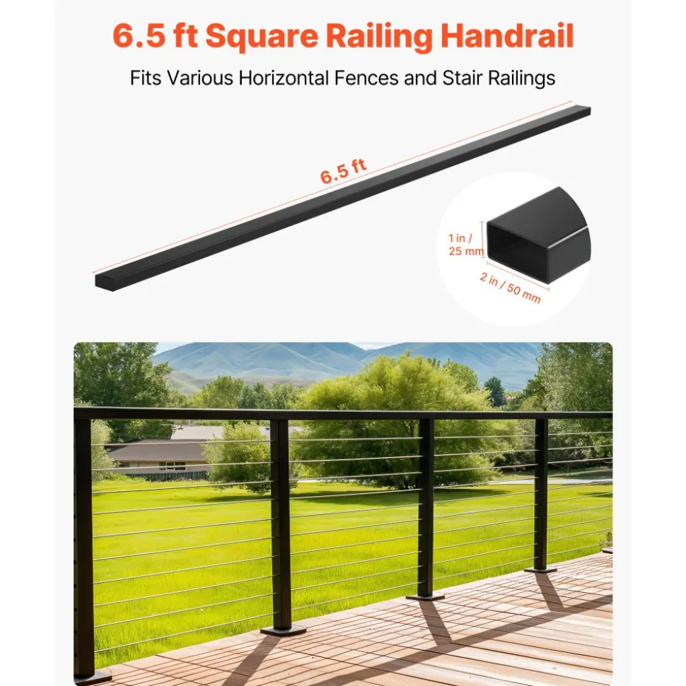 VEVOR 4 Pack 6.5 ft Stainless Steel Handrail, Rectangular Top Stair Deck Hand Rail for Outdoor/Indoor Steps with End Cap,Matte Black Coating Adjustable Metal Stair Rail for Cable Railing Kit