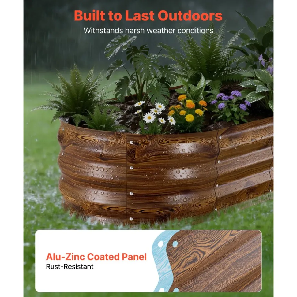 VEVOR 2 Pack Galvanized Raised Garden Beds, 4 x 2 x 1 ft, Oval Metal Planter Boxes Kit Outdoor, Bottomless Elevated Garden Box with Gloves, Alu-Zinc, for Planting Flowers Vegetables, Deep Wood Grain
