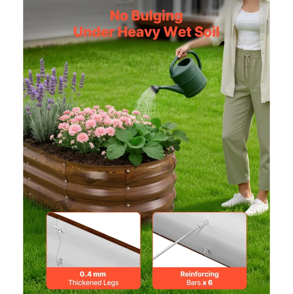 VEVOR 2 Pack Galvanized Raised Garden Beds, 4 x 2 x 1 ft, Oval Metal Planter Boxes Kit Outdoor, Bottomless Elevated Garden Box with Gloves, Alu-Zinc, for Planting Flowers Vegetables, Deep Wood Grain