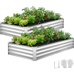 VEVOR 2 Pack Galvanized Raised Garden Beds, 6 x 3 x 1 ft, Rectangular Metal Planter Boxes Kit Outdoor, Bottomless Elevated Planting Box with Gloves, Alu-Zinc, for Growing Flowers Vegetables, Silver
