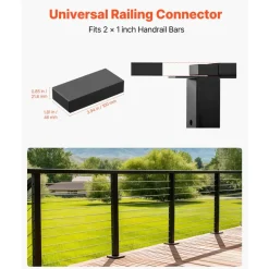 VEVOR 2 Pack Handrail Connectors, Flat Extension Stair Railing Accessories, POM Hand Rail Connector Fittings for Rectangular Cable Railing, Deck Cable Rail System Outdoor, Matte Black, HT-04