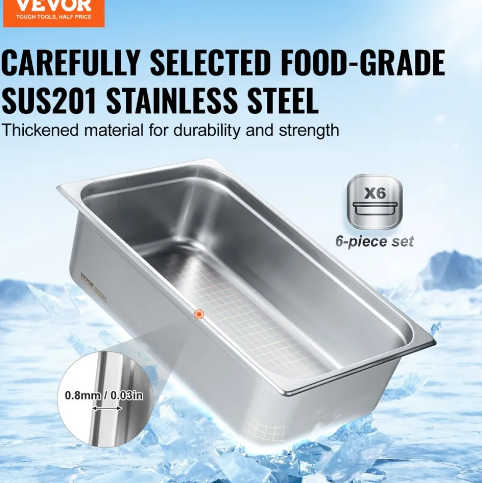 VEVOR 6 Pack Hotel Pans, Full Size Anti-Jam Steam Pan, 0.8mm Thick Stainless Steel Restaurant Steam Table Pan, 6-Inch Deep Commercial Table Pan, Catering Storage Food Pan, for Industrial & Scientific
