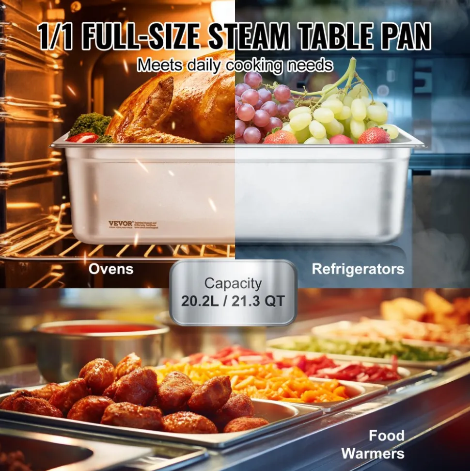 VEVOR 6 Pack Hotel Pans, Full Size Anti-Jam Steam Pan, 0.8mm Thick Stainless Steel Restaurant Steam Table Pan, 6-Inch Deep Commercial Table Pan, Catering Storage Food Pan, for Industrial & Scientific
