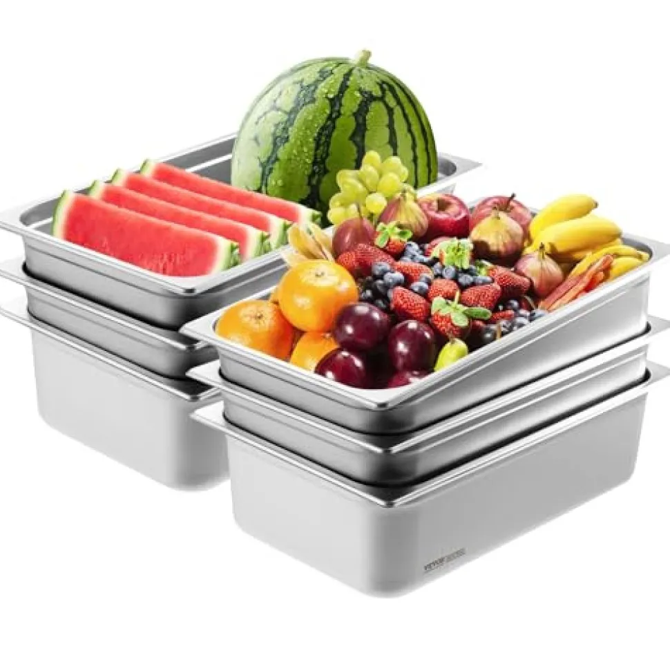 VEVOR 6 Pack Hotel Pans, Full Size Anti-Jam Steam Pan, 0.8mm Thick Stainless Steel Restaurant Steam Table Pan, 6-Inch Deep Commercial Table Pan, Catering Storage Food Pan, for Industrial & Scientific