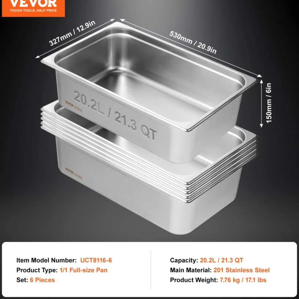 VEVOR 6 Pack Hotel Pans, Full Size Anti-Jam Steam Pan, 0.8mm Thick Stainless Steel Restaurant Steam Table Pan, 6-Inch Deep Commercial Table Pan, Catering Storage Food Pan, for Industrial & Scientific