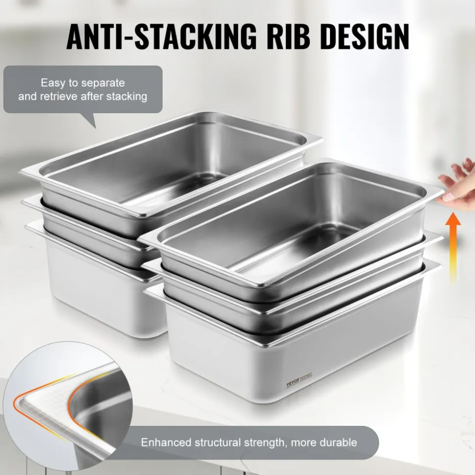 VEVOR 6 Pack Hotel Pans, Full Size Anti-Jam Steam Pan, 0.8mm Thick Stainless Steel Restaurant Steam Table Pan, 6-Inch Deep Commercial Table Pan, Catering Storage Food Pan, for Industrial & Scientific