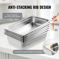 VEVOR 6 Pack Hotel Pans, Full Size Anti-Jam Steam Pan, 0.8mm Thick Stainless Steel Restaurant Steam Table Pan, 4-Inch Deep Commercial Table Pan, Catering Storage Food Pan, for Industrial & Scientific