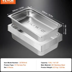 VEVOR 6 Pack Hotel Pans, Full Size Anti-Jam Steam Pan, 0.8mm Thick Stainless Steel Restaurant Steam Table Pan, 4-Inch Deep Commercial Table Pan, Catering Storage Food Pan, for Industrial & Scientific