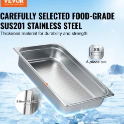 VEVOR 6 Pack Hotel Pans, Full Size Anti-Jam Steam Pan, 0.8mm Thick Stainless Steel Restaurant Steam Table Pan, 4-Inch Deep Commercial Table Pan, Catering Storage Food Pan, for Industrial & Scientific
