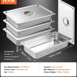 VEVOR 4 Pack Hotel Pans, Full Size Anti-Jam Steam Pan with Lid, 0.8mm Thick Stainless Steel Steam Table Pan, 4-Inch Deep Commercial Table Pan, Catering Storage Food Pan, for Industrial & Scientific