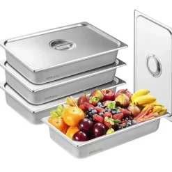 VEVOR 4 Pack Hotel Pans, Full Size Anti-Jam Steam Pan with Lid, 0.8mm Thick Stainless Steel Steam Table Pan, 4-Inch Deep Commercial Table Pan, Catering Storage Food Pan, for Industrial & Scientific