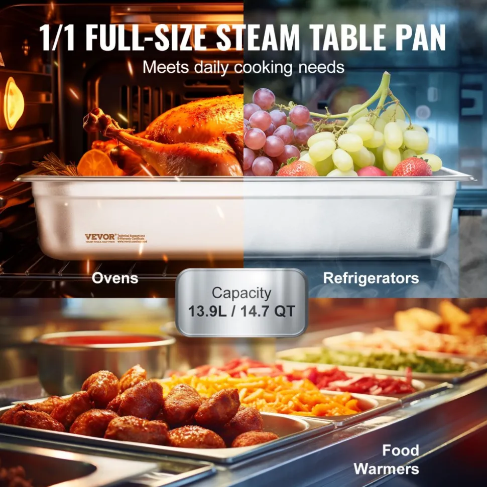 VEVOR 4 Pack Hotel Pans, Full Size Anti-Jam Steam Pan with Lid, 0.8mm Thick Stainless Steel Steam Table Pan, 4-Inch Deep Commercial Table Pan, Catering Storage Food Pan, for Industrial & Scientific