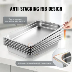 VEVOR 6 Pack Hotel Pans, Full Size Anti-Jam Steam Pan, 0.8mm Thick Stainless Steel Restaurant Steam Table Pan, 2.5-Inch Deep Commercial Table Pan, Catering Storage Food Pan, for Industrial & Scientifi
