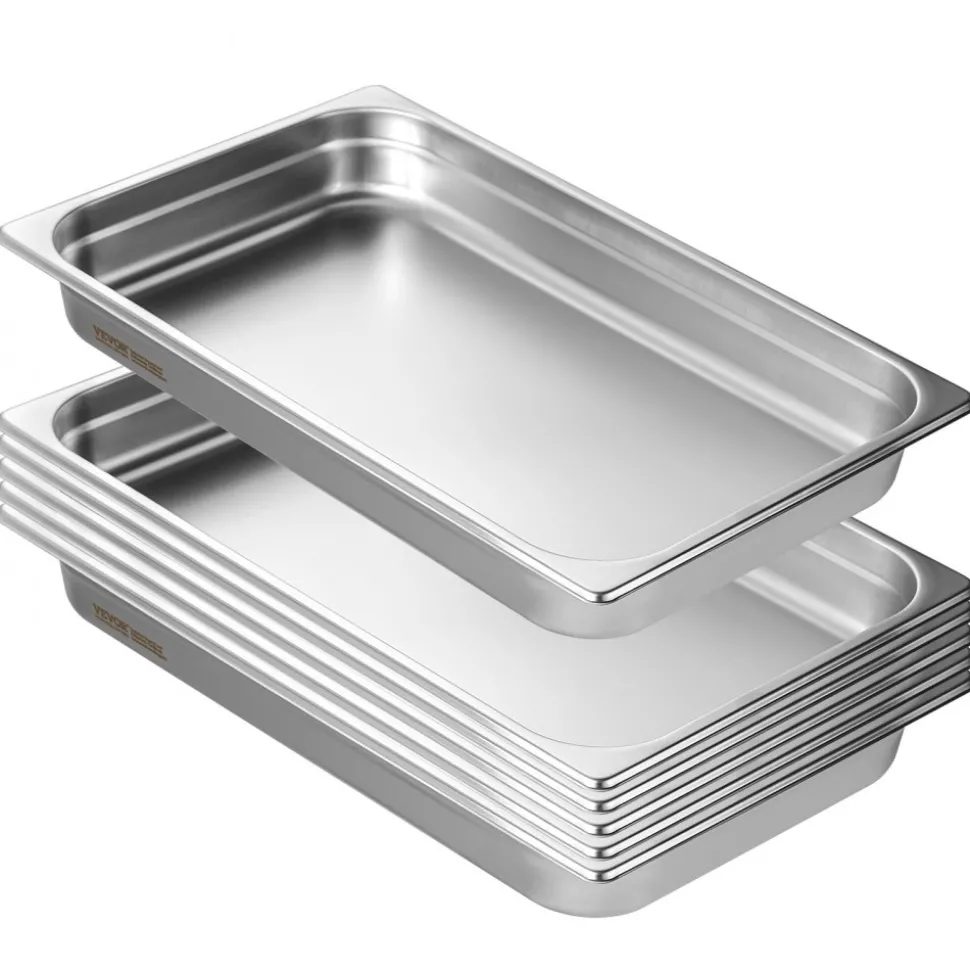 VEVOR 6 Pack Hotel Pans, Full Size Anti-Jam Steam Pan, 0.8mm Thick Stainless Steel Restaurant Steam Table Pan, 2.5-Inch Deep Commercial Table Pan, Catering Storage Food Pan, for Industrial & Scientifi