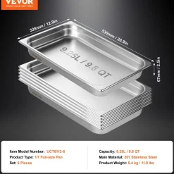 VEVOR 6 Pack Hotel Pans, Full Size Anti-Jam Steam Pan, 0.8mm Thick Stainless Steel Restaurant Steam Table Pan, 2.5-Inch Deep Commercial Table Pan, Catering Storage Food Pan, for Industrial & Scientifi