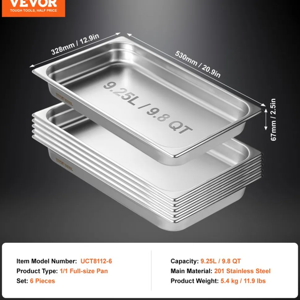 VEVOR 6 Pack Hotel Pans, Full Size Anti-Jam Steam Pan, 0.8mm Thick Stainless Steel Restaurant Steam Table Pan, 2.5-Inch Deep Commercial Table Pan, Catering Storage Food Pan, for Industrial & Scientifi