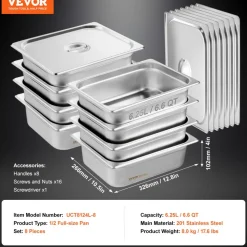 VEVOR 8 Pack Hotel Pans, 1/2 Size Anti-Jam Steam Pan with Lid, 0.8mm Thick Stainless Steel Steam Table Pan, 4-Inch Deep Commercial Table Pan, Catering Storage Food Pan, for Industrial & Scientific