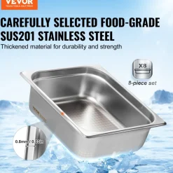 VEVOR 8 Pack Hotel Pans, 1/2 Size Anti-Jam Steam Pan with Lid, 0.8mm Thick Stainless Steel Steam Table Pan, 4-Inch Deep Commercial Table Pan, Catering Storage Food Pan, for Industrial & Scientific