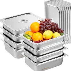 VEVOR 8 Pack Hotel Pans, 1/2 Size Anti-Jam Steam Pan with Lid, 0.8mm Thick Stainless Steel Steam Table Pan, 4-Inch Deep Commercial Table Pan, Catering Storage Food Pan, for Industrial & Scientific
