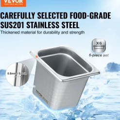 VEVOR 6 Pack Hotel Pans, 1/6 Size Anti-Jam Steam Pan, 0.8mm Thick Stainless Steel Restaurant Steam Table Pan, 6-Inch Deep Commercial Table Pan, Catering Storage Food Pan, for Industrial & Scientific