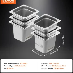VEVOR 6 Pack Hotel Pans, 1/6 Size Anti-Jam Steam Pan, 0.8mm Thick Stainless Steel Restaurant Steam Table Pan, 6-Inch Deep Commercial Table Pan, Catering Storage Food Pan, for Industrial & Scientific