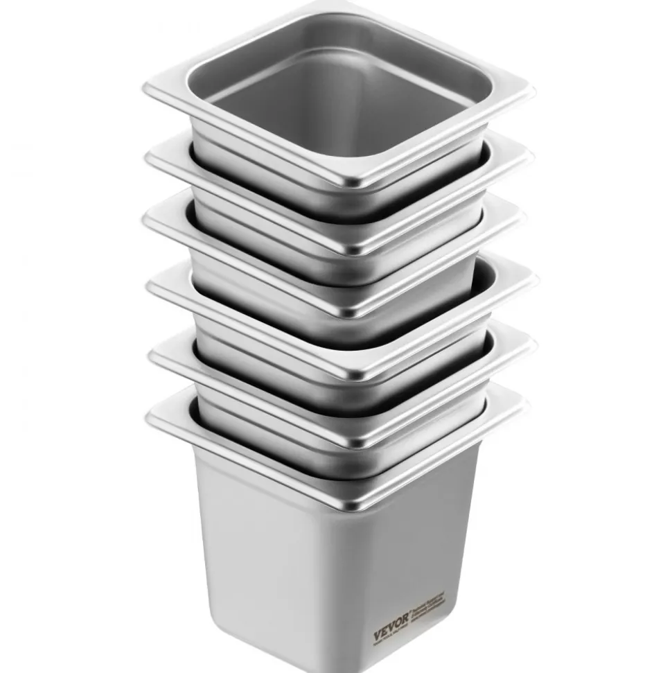 VEVOR 6 Pack Hotel Pans, 1/6 Size Anti-Jam Steam Pan, 0.8mm Thick Stainless Steel Restaurant Steam Table Pan, 6-Inch Deep Commercial Table Pan, Catering Storage Food Pan, for Industrial & Scientific