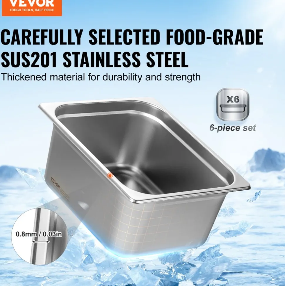 VEVOR 6 Pack Hotel Pans, 1/2 Size Anti-Jam Steam Pan, 0.8mm Thick Stainless Steel Restaurant Steam Table Pan, 6-Inch Deep Commercial Table Pan, Catering Storage Food Pan, for Industrial & Scientific