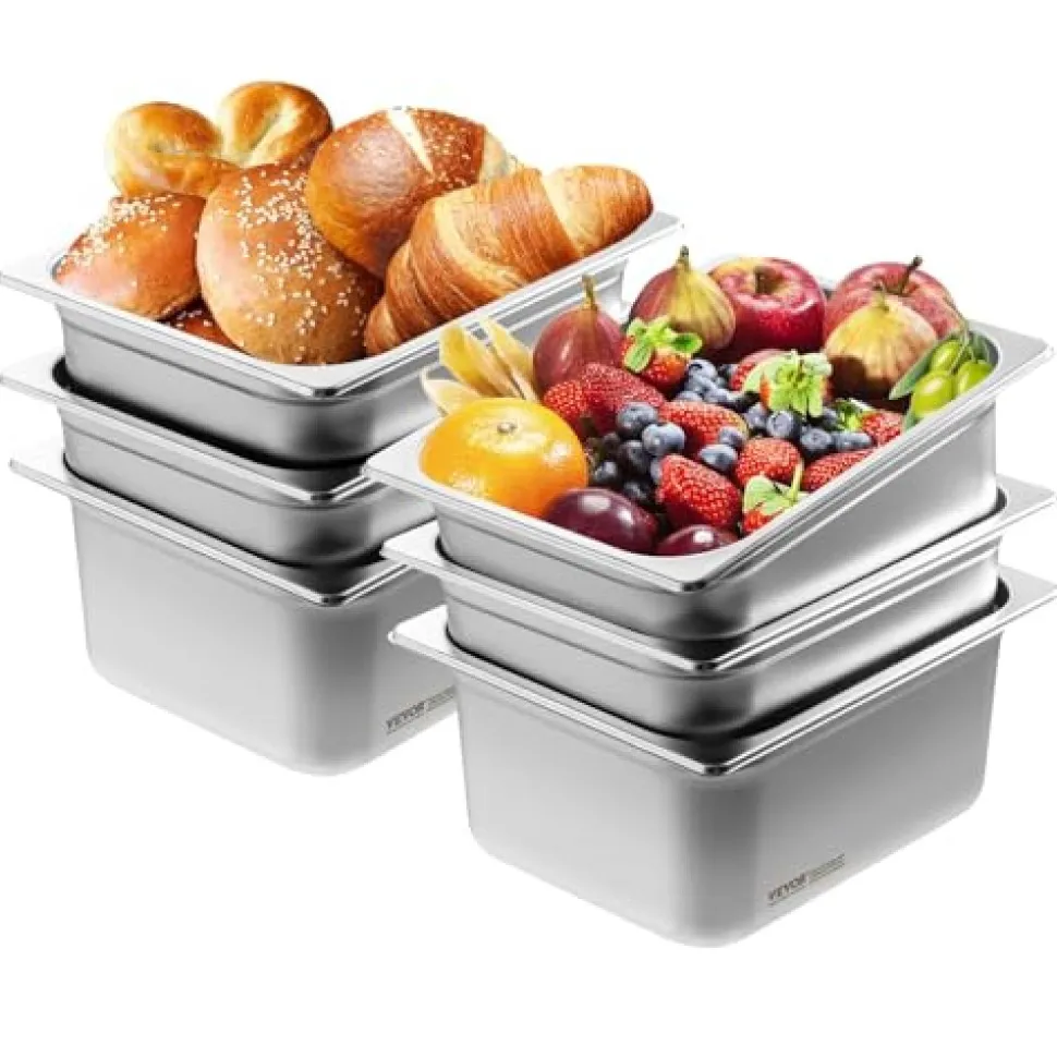VEVOR 6 Pack Hotel Pans, 1/2 Size Anti-Jam Steam Pan, 0.8mm Thick Stainless Steel Restaurant Steam Table Pan, 6-Inch Deep Commercial Table Pan, Catering Storage Food Pan, for Industrial & Scientific