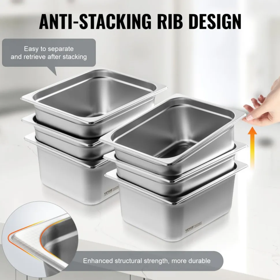 VEVOR 6 Pack Hotel Pans, 1/2 Size Anti-Jam Steam Pan, 0.8mm Thick Stainless Steel Restaurant Steam Table Pan, 6-Inch Deep Commercial Table Pan, Catering Storage Food Pan, for Industrial & Scientific