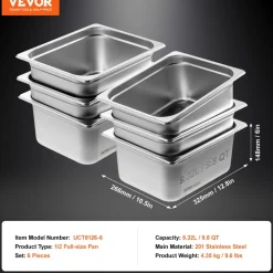 VEVOR 6 Pack Hotel Pans, 1/2 Size Anti-Jam Steam Pan, 0.8mm Thick Stainless Steel Restaurant Steam Table Pan, 6-Inch Deep Commercial Table Pan, Catering Storage Food Pan, for Industrial & Scientific