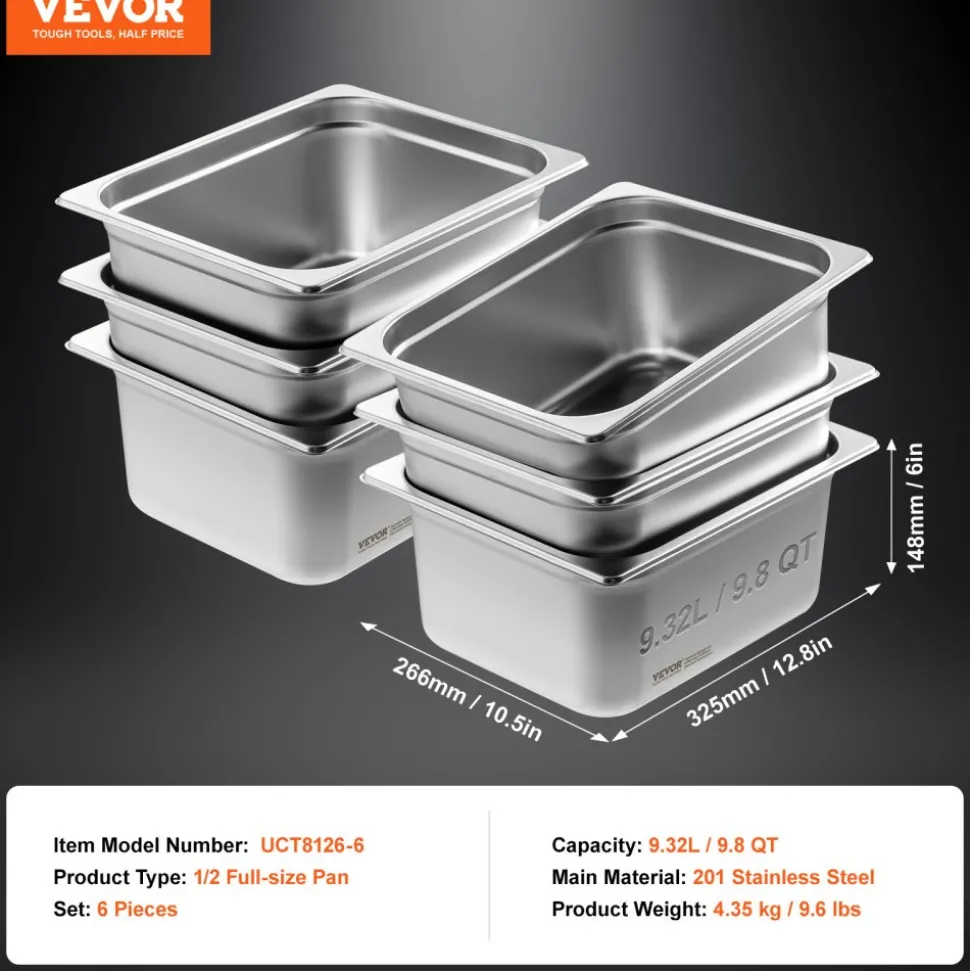 VEVOR 6 Pack Hotel Pans, 1/2 Size Anti-Jam Steam Pan, 0.8mm Thick Stainless Steel Restaurant Steam Table Pan, 6-Inch Deep Commercial Table Pan, Catering Storage Food Pan, for Industrial & Scientific