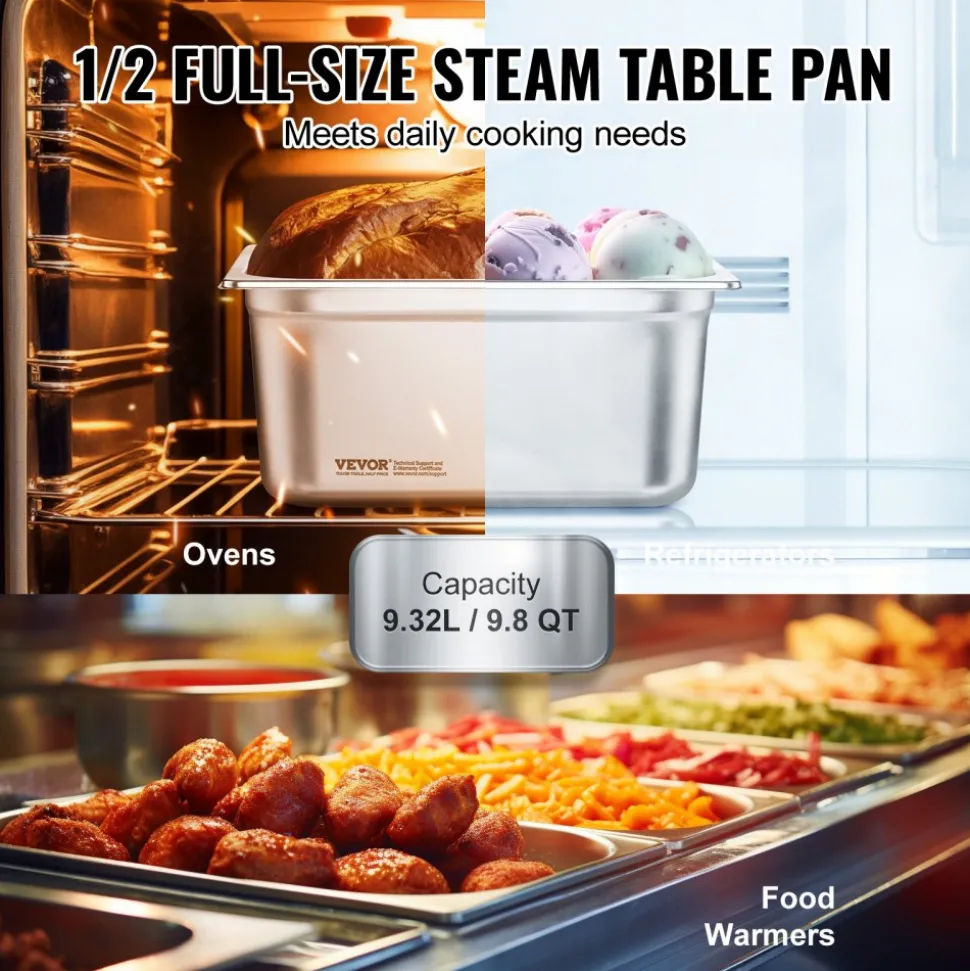 VEVOR 6 Pack Hotel Pans, 1/2 Size Anti-Jam Steam Pan, 0.8mm Thick Stainless Steel Restaurant Steam Table Pan, 6-Inch Deep Commercial Table Pan, Catering Storage Food Pan, for Industrial & Scientific