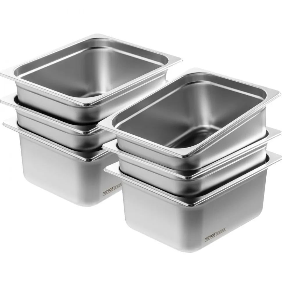 VEVOR 6 Pack Hotel Pans, 1/2 Size Anti-Jam Steam Pan, 0.8mm Thick Stainless Steel Restaurant Steam Table Pan, 6-Inch Deep Commercial Table Pan, Catering Storage Food Pan, for Industrial & Scientific
