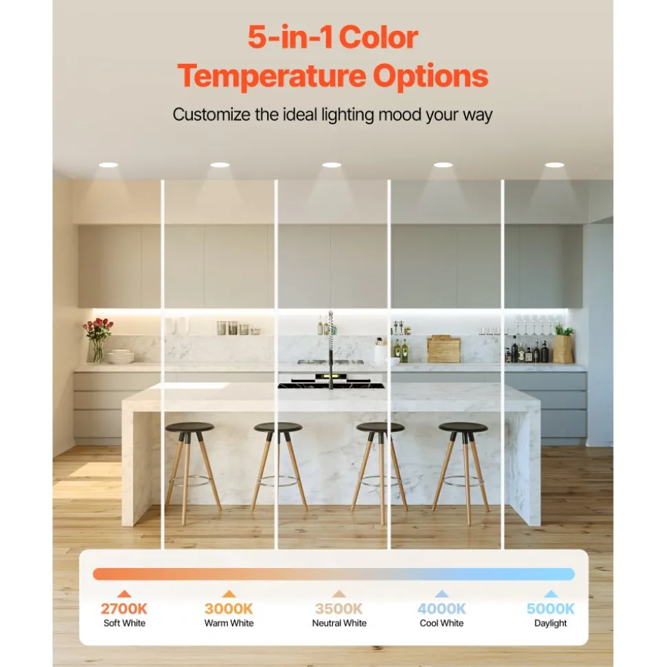 VEVOR 12 Pack 6 Inch LED Recessed Ceiling Light, 5CCT, Canless Wafer Downlight with Junction Box, 2700K/3000K/3500K/4000K/5000K Selectable, 1100 LM High Brightness 12W 120V, for Indoor Home Lighting