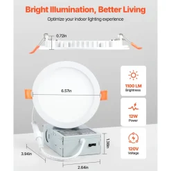 VEVOR 12 Pack 6 Inch LED Recessed Ceiling Light, 5CCT, Canless Wafer Downlight with Junction Box, 2700K/3000K/3500K/4000K/5000K Selectable, 1100 LM High Brightness 12W 120V, for Indoor Home Lighting