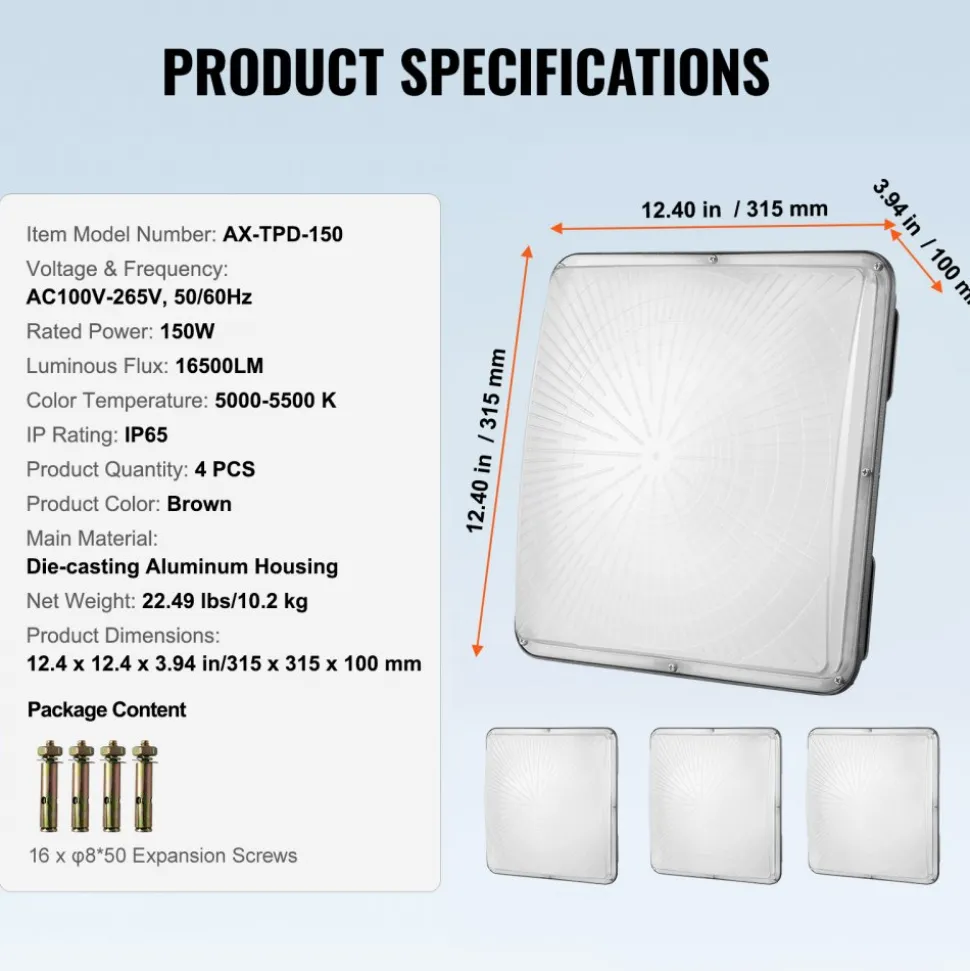 VEVOR 4 Pack LED Canopy Lights, 150W, 16500LM 5000K Daylight Commercial Industrial Outdoor Canopy Lights, 12.4"x12.4" Surface Mount Ceiling Lighting for Gas Station Warehouse Garage Street Shop, IP65