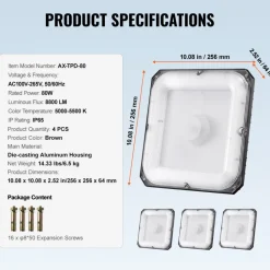 VEVOR 4 Pack LED Canopy Lights, 80W, 8800LM 5000K Daylight Commercial Industrial Outdoor Canopy Lights, 10.08"x10.08" Surface Mount Ceiling Lighting for Gas Station Warehouse Garage Street Shop, IP65