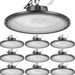 VEVOR 10 Pack LED High Bay Lights 5000K 150W 21000LM Super Bright UFO Light, Warehouse Shop Use, IP65 Waterproof, 100-277V Wide Voltage, Aluminum Alloy, for Workshop Factory Gym Garage Barn, Black