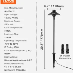 VEVOR 12 Pack Low Voltage Landscape Path Lights, 3W 210LM 12V-24VAC/DC Outdoor LED Pathway Lighting, 3000K Warm White Walkway Lights with Quick Connectors, IP66 Waterproof for Yard Garden Sidewalk