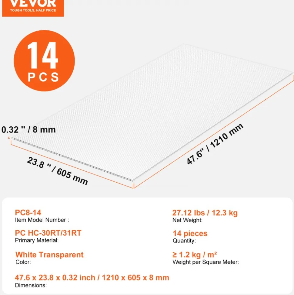 VEVOR 14 Pack Polycarbonate Greenhouse Panels, 2' X 4' X 0.32'' Roof Panels Sheets, Waterproof UV Protected Corrugated Plastic Roofing, Impact Resistance Clear Roofing Sheets for Greenhouse/Garden