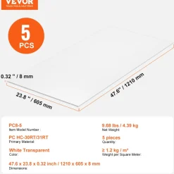 VEVOR 5 Pack Polycarbonate Greenhouse Panels, 2' X 4' X 0.32'' Roof Panels Sheets, Waterproof UV Protected Corrugated Plastic Roofing, Impact Resistance Clear Roofing Sheets for Greenhouse/Garden