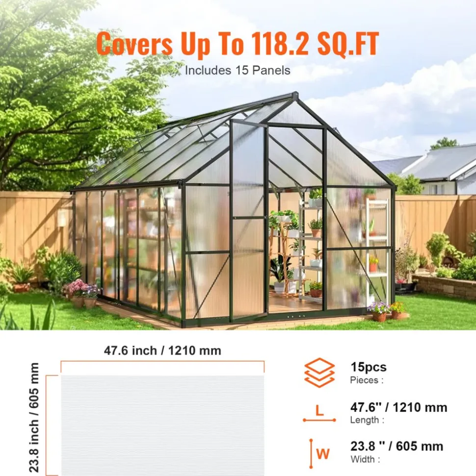 VEVOR 15 Pack Polycarbonate Greenhouse Panels, 2' X 4' X 0.24'' Roof Panels Sheets, Waterproof UV Protected Corrugated Plastic Roofing, Impact Resistance Clear Roofing Sheets for Greenhouse/Garden