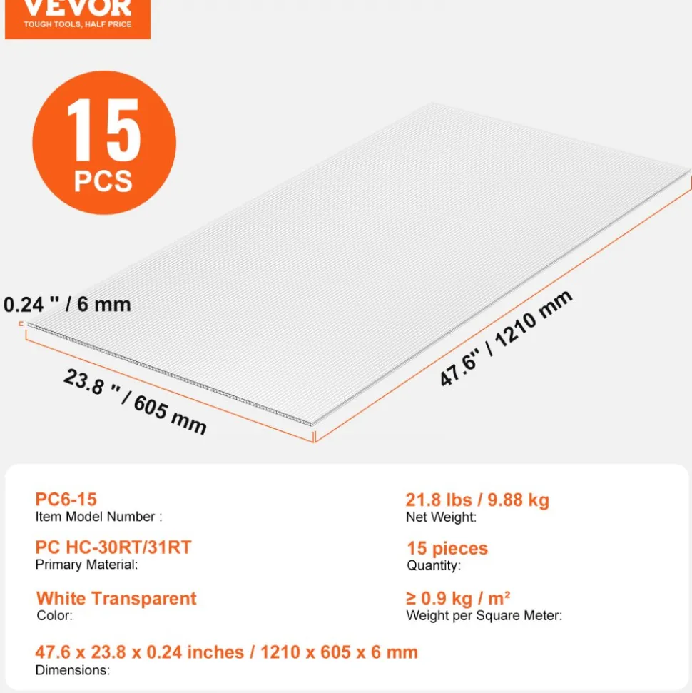 VEVOR 15 Pack Polycarbonate Greenhouse Panels, 2' X 4' X 0.24'' Roof Panels Sheets, Waterproof UV Protected Corrugated Plastic Roofing, Impact Resistance Clear Roofing Sheets for Greenhouse/Garden