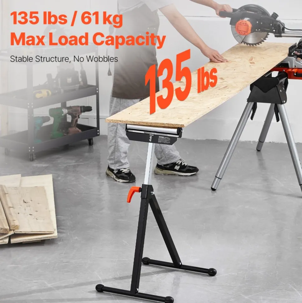 VEVOR 2-Pack Roller Stands, 135 lb Load Capacity, 26.8-42.5'' Adjustable Height, Folding Heavy Duty Design with 11.5 in Polished Steel Roller Head, for Table Saw Outfeed Woodworking Extension Support